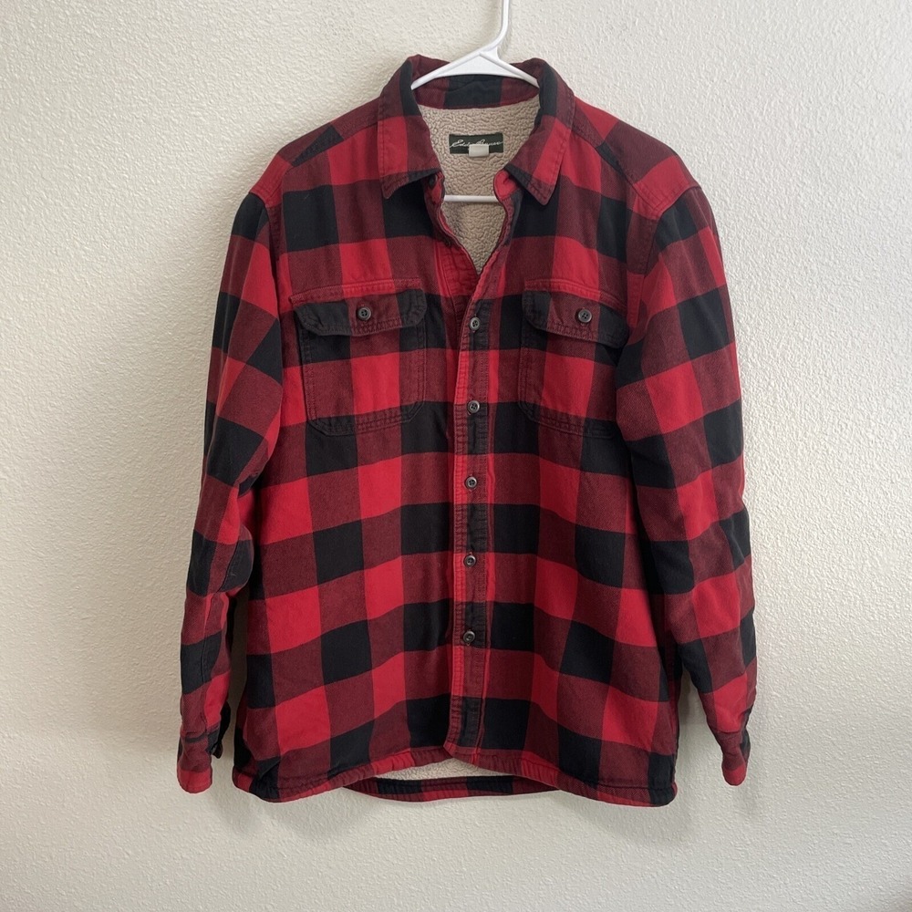Eddie Bauer Men Medium Sherpa Lined Flannel Shirt Jacket Red Black Plaid Buffalo